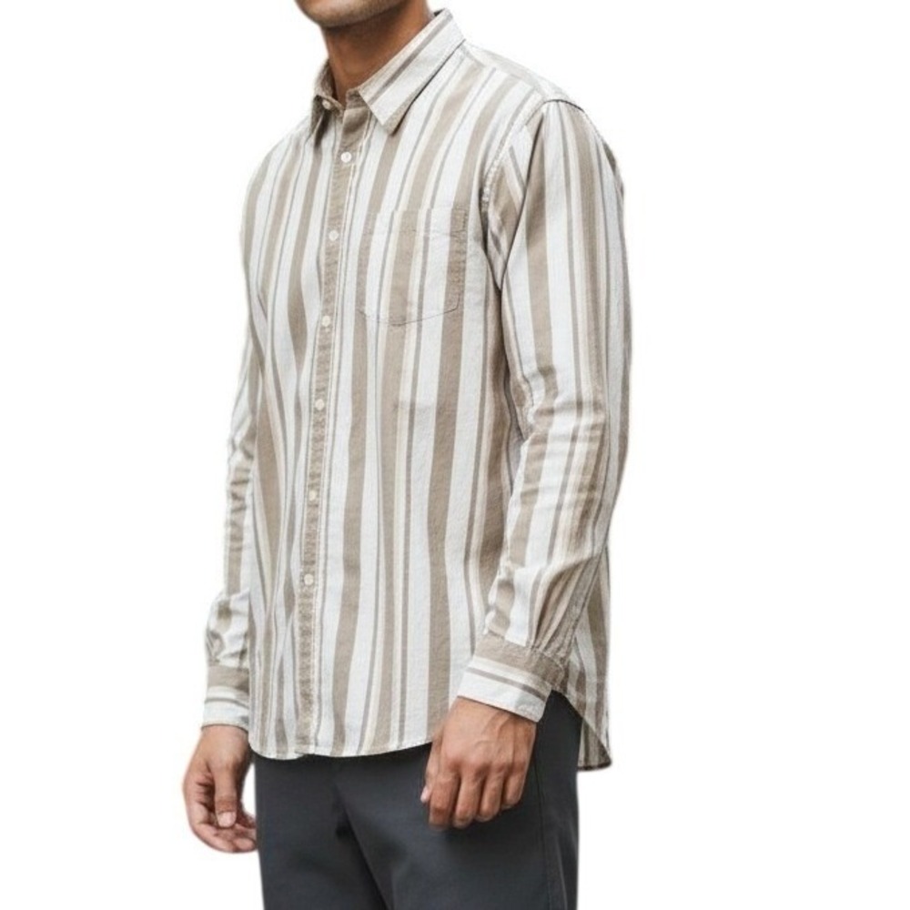 Michael Kors Mens XL Tan White Stripe Button Down Long Sleeve Cotton Shirt